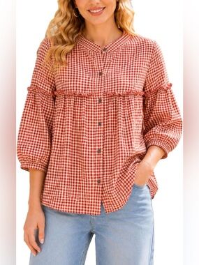 Women’s Plaid Gingham Tunic Top 3/4 Sleeve Button Front Loose Fit Blouse